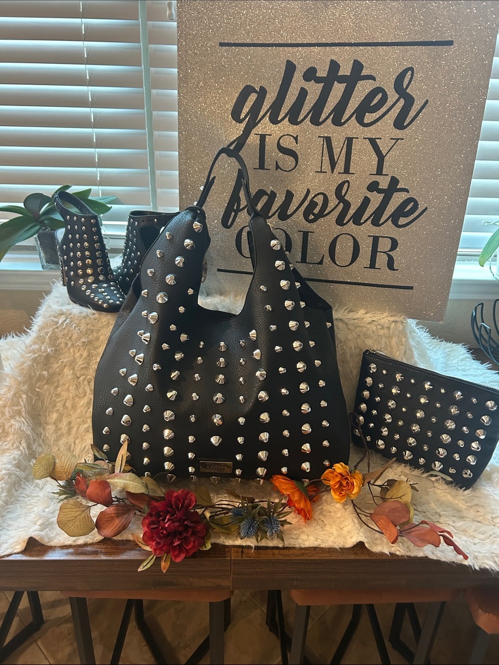 Black Studded Hobo Bag with Matching Wallet - Unbranded